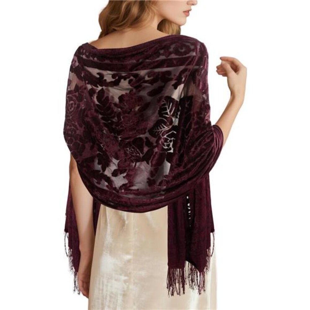 Velvet Burnout Floral Shawl Wrap in Plum